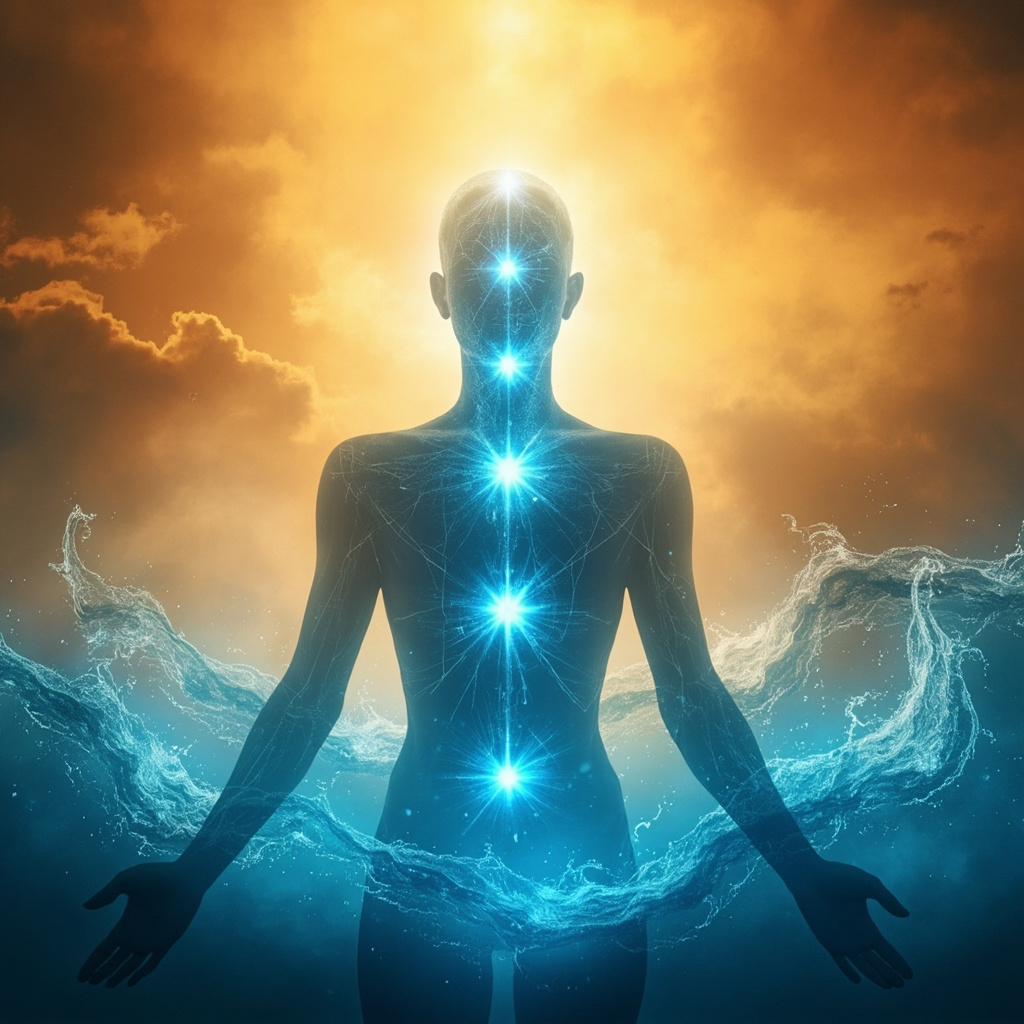Serene human silhouette in a hot summer scene, with glowing blue acupuncture points BL7 on head, ST11 on neck, ST1 below eye, GV5 on lower back, KI11 on lower abdomen, surrounded by cooling wave patterns and energy meridians flowing downward.