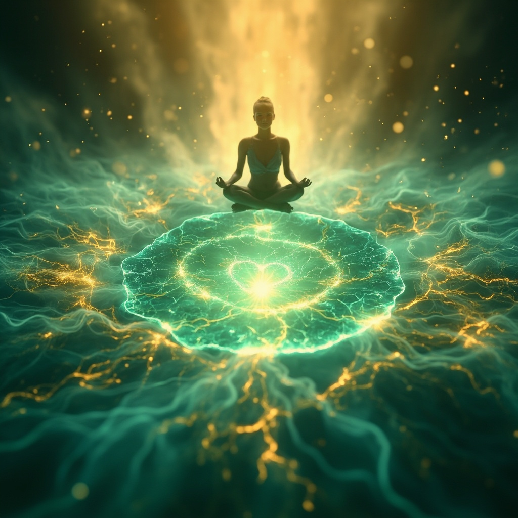 A glowing heart chakra with cracks healing via soft energy waves in blue and gold tones, person in lotus pose background, serene and hopeful atmosphere.
