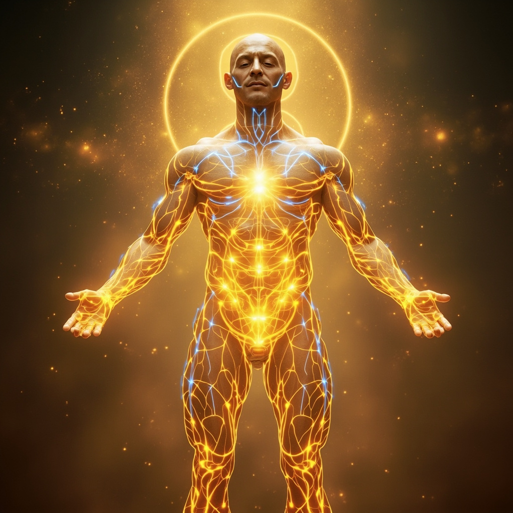 A confident man standing tall with glowing golden energy auras around his muscles, heart, and lower abdomen, subtle TCM Kidney meridians in blue lines flowing smoothly, balanced yin-yang symbol in background, serene natural light