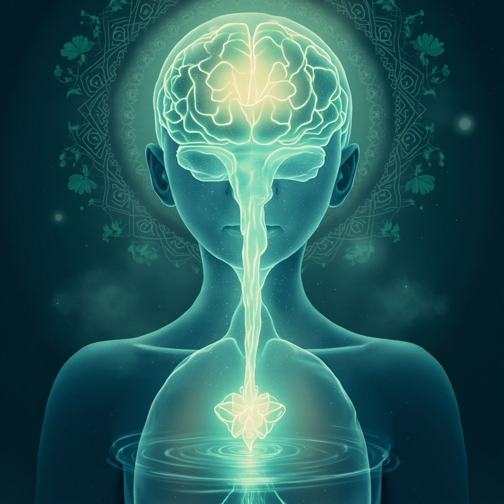 Serene Ayurvedic illustration of glowing cerebrospinal fluid nourishing brain ventricles and connecting to a calm heart, soft blue-green tones, ancient motifs symbolizing emotional balance and mental clarity
