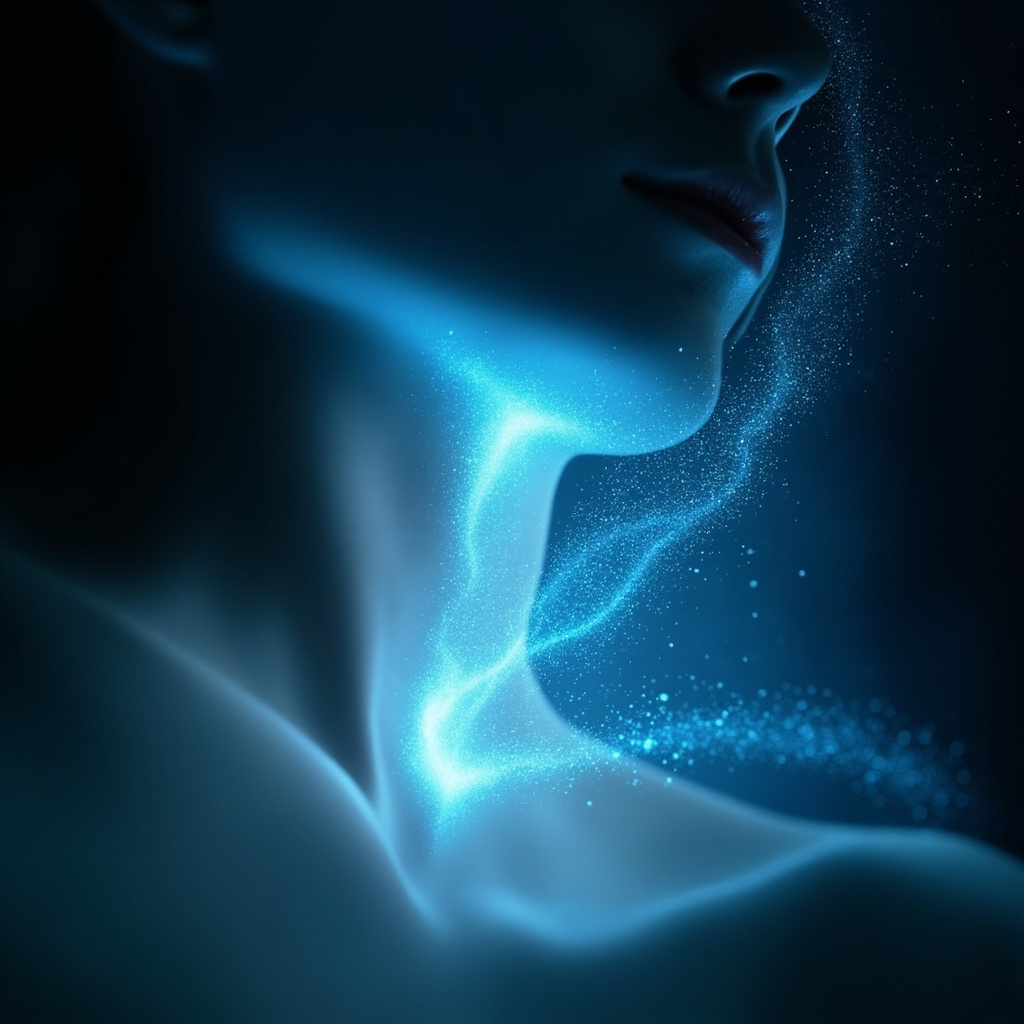 A serene, artistic illustration of a glowing, radiant throat area with soft light frequencies, representing energy flow and clear communication.