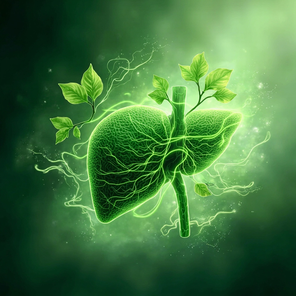 Serene TCM illustration of the liver as wood element organ in green tones, with flowing qi energy lines, spring leaves, detoxification waves, and symbols of emotional balance like calm waves and open paths.