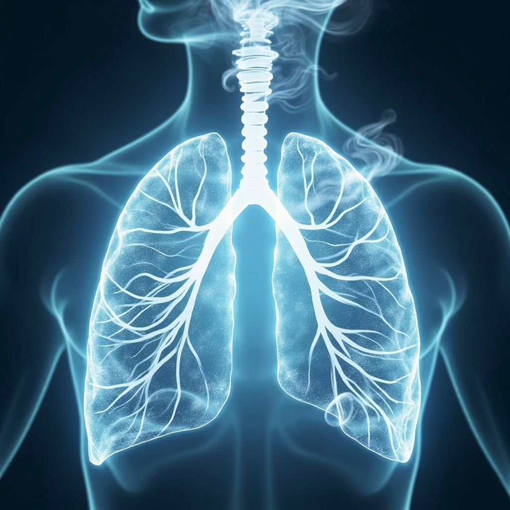 Serene illustration of healthy lungs with flowing qi energy in TCM style, glowing blue and silver tones representing metal element, trachea clear, soft light symbolizing harmony and detoxification