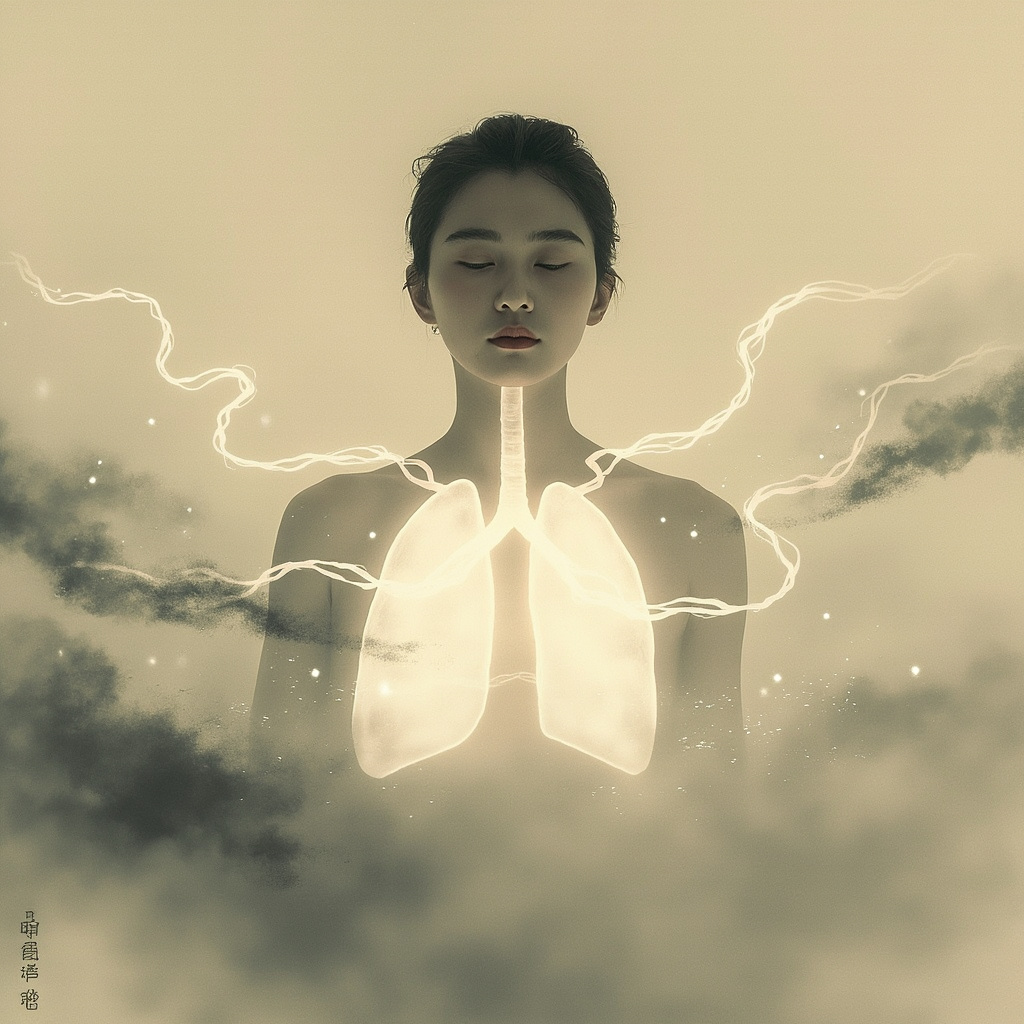 TCM style ink painting of glowing lungs with flowing qi energy, a person breathing deeply in serene nature, subtle grief clouds dissolving into light