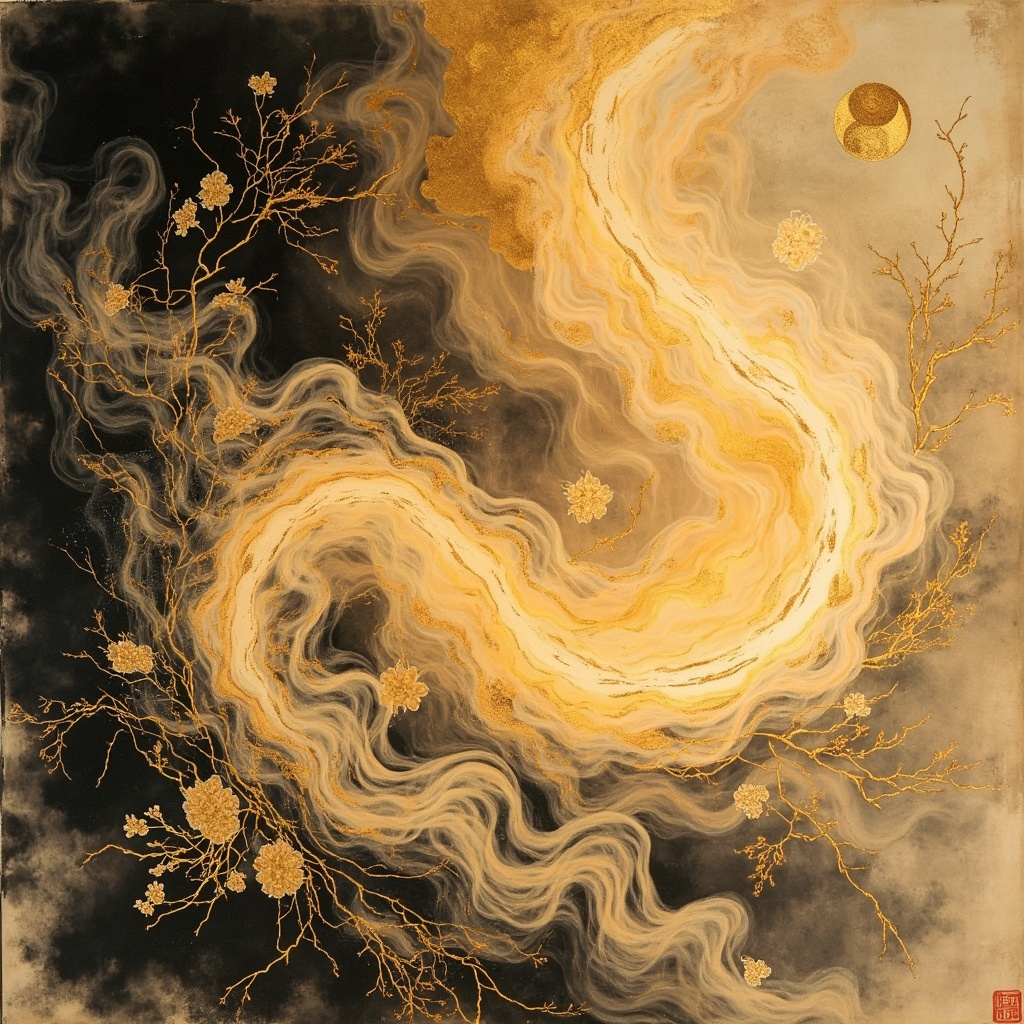 Serene TCM ink painting of glowing stomach meridian with flowing qi rivers gently dissolving stylized H. pylori bacteria, surrounded by harmonious herbal motifs and balanced yin-yang symbol.
