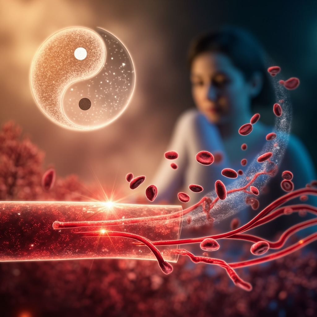 Illustrative medical art: vibrant red blood cells glowing with oxygen in arteries, flowing energetically; contrasted with pale, sluggish cells; TCM yin-yang symbol overlay; serene person breathing deeply in background.
