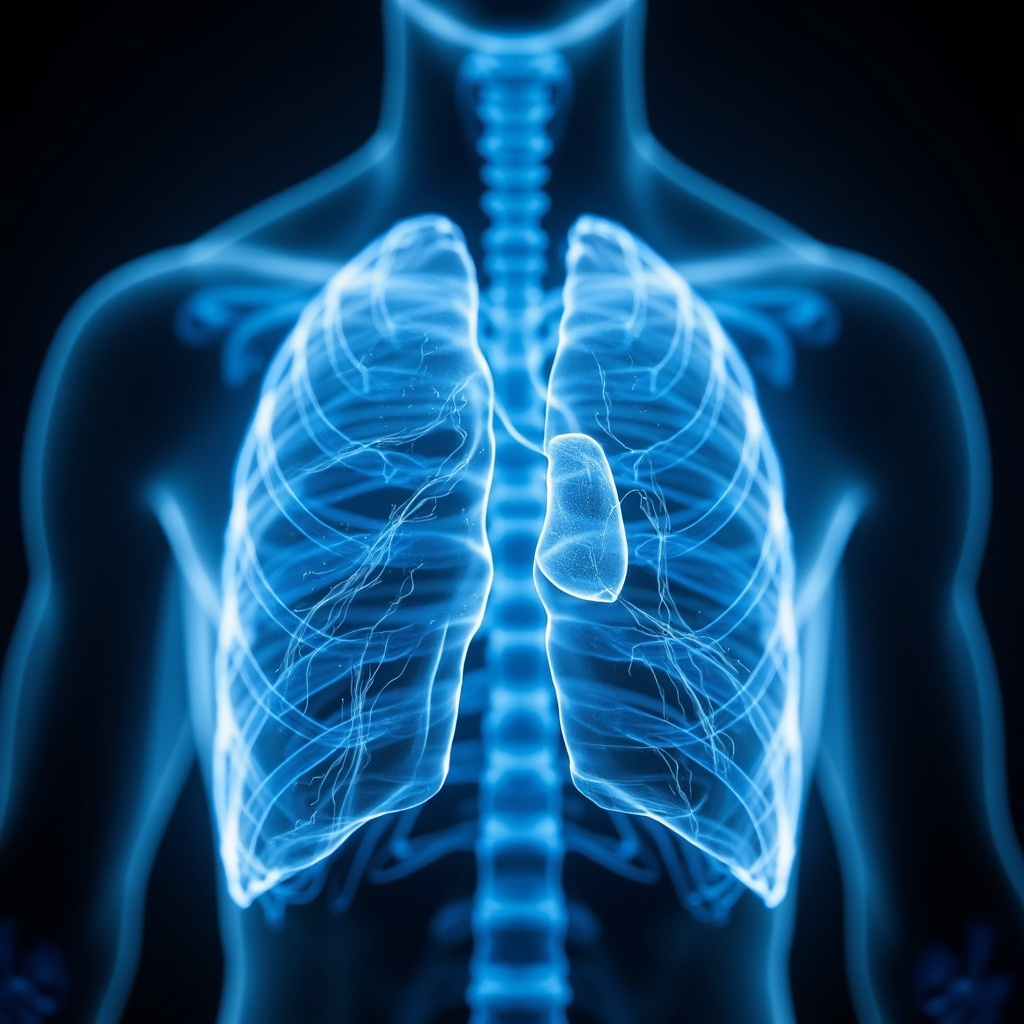 Serene anatomical view of the human chest showing the mediastinum between lungs, with glowing blue energy meridians flowing harmoniously, soft light evoking calm and balance.