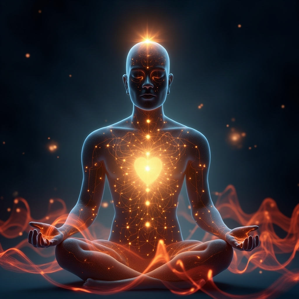 Serene human body silhouette in soft blue tones, highlighting acupuncture points ST36 on lower legs, PC6 and HT7 on inner wrists, GV20 on crown of head, LR3 on tops of feet, with glowing golden energy meridians flowing smoothly between them, evoking calm and harmony