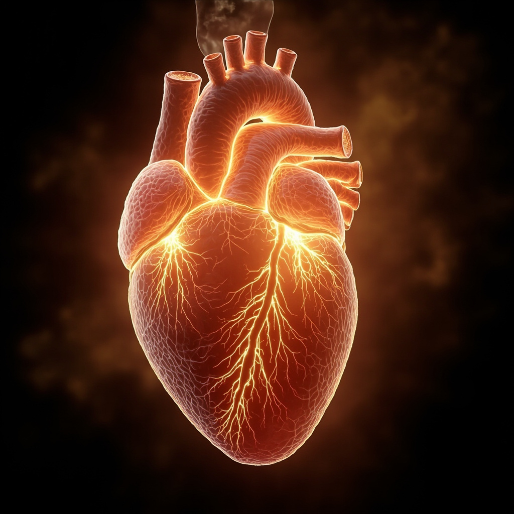 Cross-section of a human heart highlighting the glowing endocardium inner layer in soft red, with flowing golden qi energy meridians symbolizing harmony, emotional healing, and TCM balance.