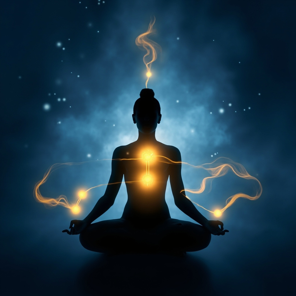 Serene human silhouette in meditation pose, with glowing golden lines highlighting acupuncture points LI11 at the elbow, HT7 and PC6 at the wrists, soft energy flows connecting them to the heart and head, calm blue background with subtle meridian paths, representing TCM stress relief.