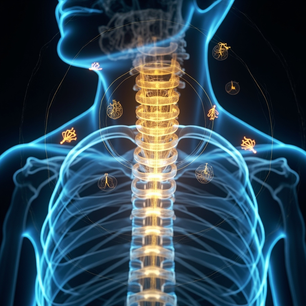Anatomical view of the human thoracic spine highlighting Th6 vertebra, with glowing golden lines representing the Governing Vessel (Du Mai) meridian in TCM style, surrounded by subtle icons of heart, lungs, stomach, and energy flow waves, in soft blue and gold tones.