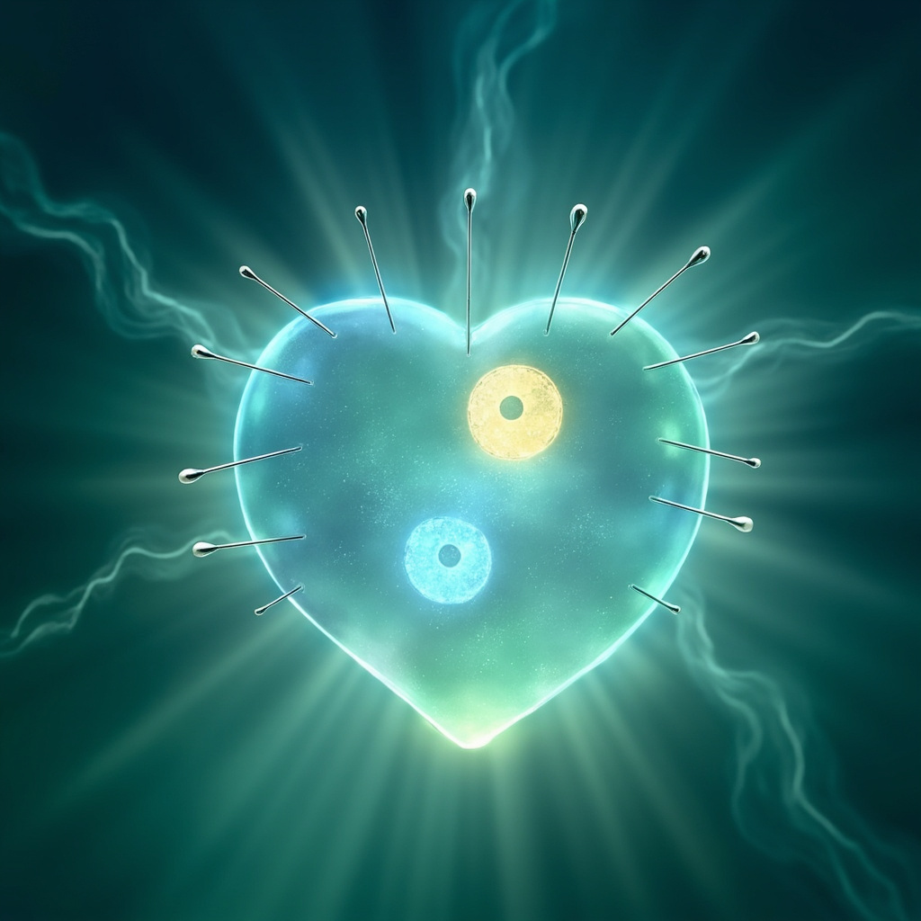 Serene illustration of a glowing heart with yin-yang symbol, acupuncture needles at key points like ST36 and CV12, soft blue and green tones evoking calm qi flow and HRV balance.