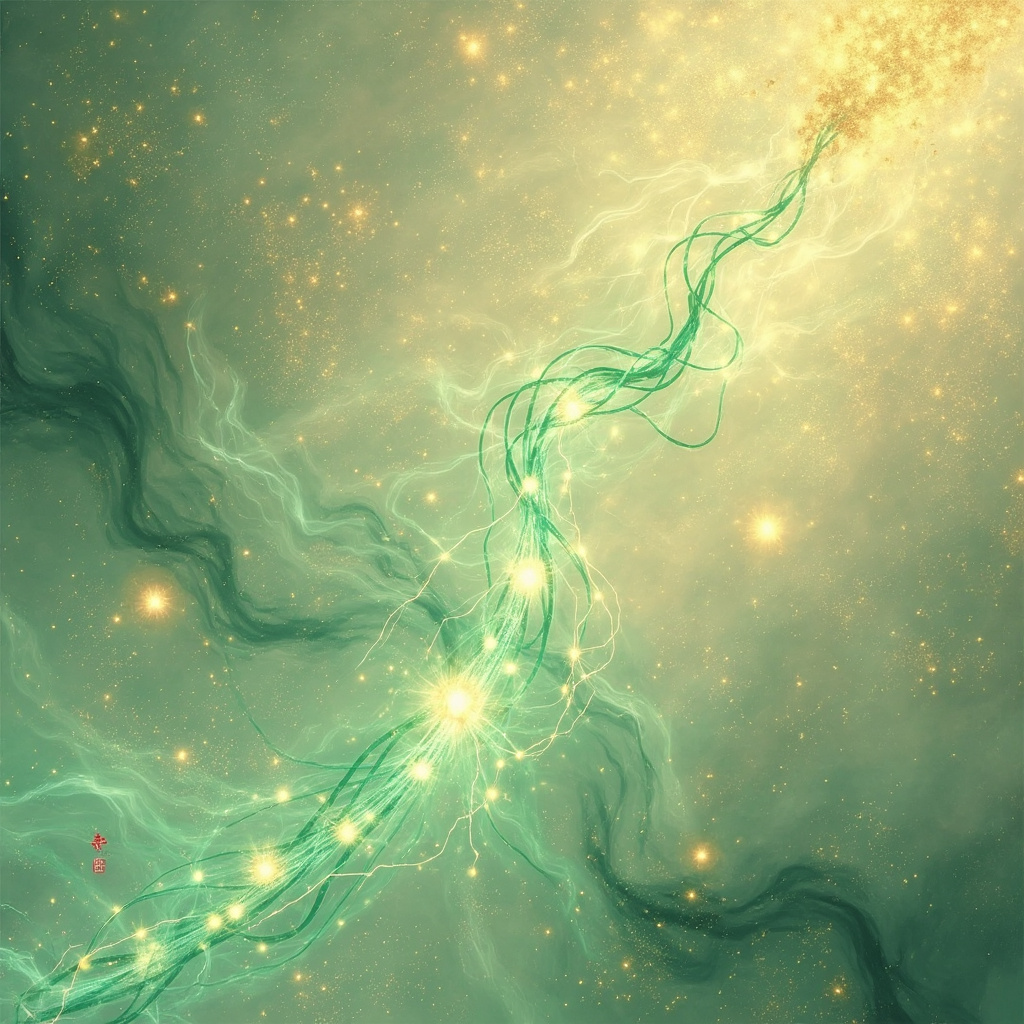 Serene TCM illustration of glowing liver meridian with protective energy flows in green and gold tones, subtle shield against shadowy invasion, harmonious acupuncture points highlighted