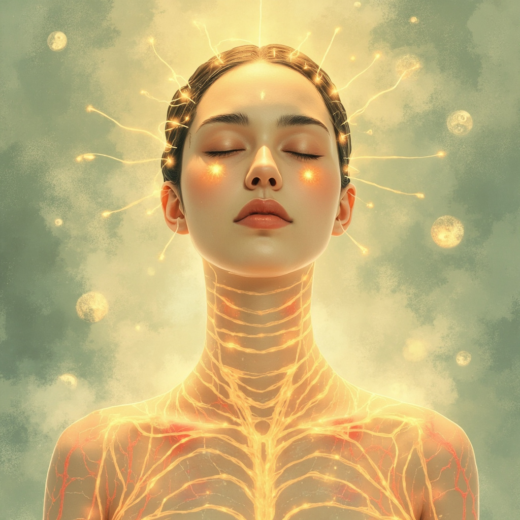 Serene illustration of a relaxed person with soft glowing acupuncture points on lower back, head, face, spine, and arm, energy lines flowing smoothly to heal red itchy skin patches, in a calming TCM-inspired style with subtle yin-yang symbols.