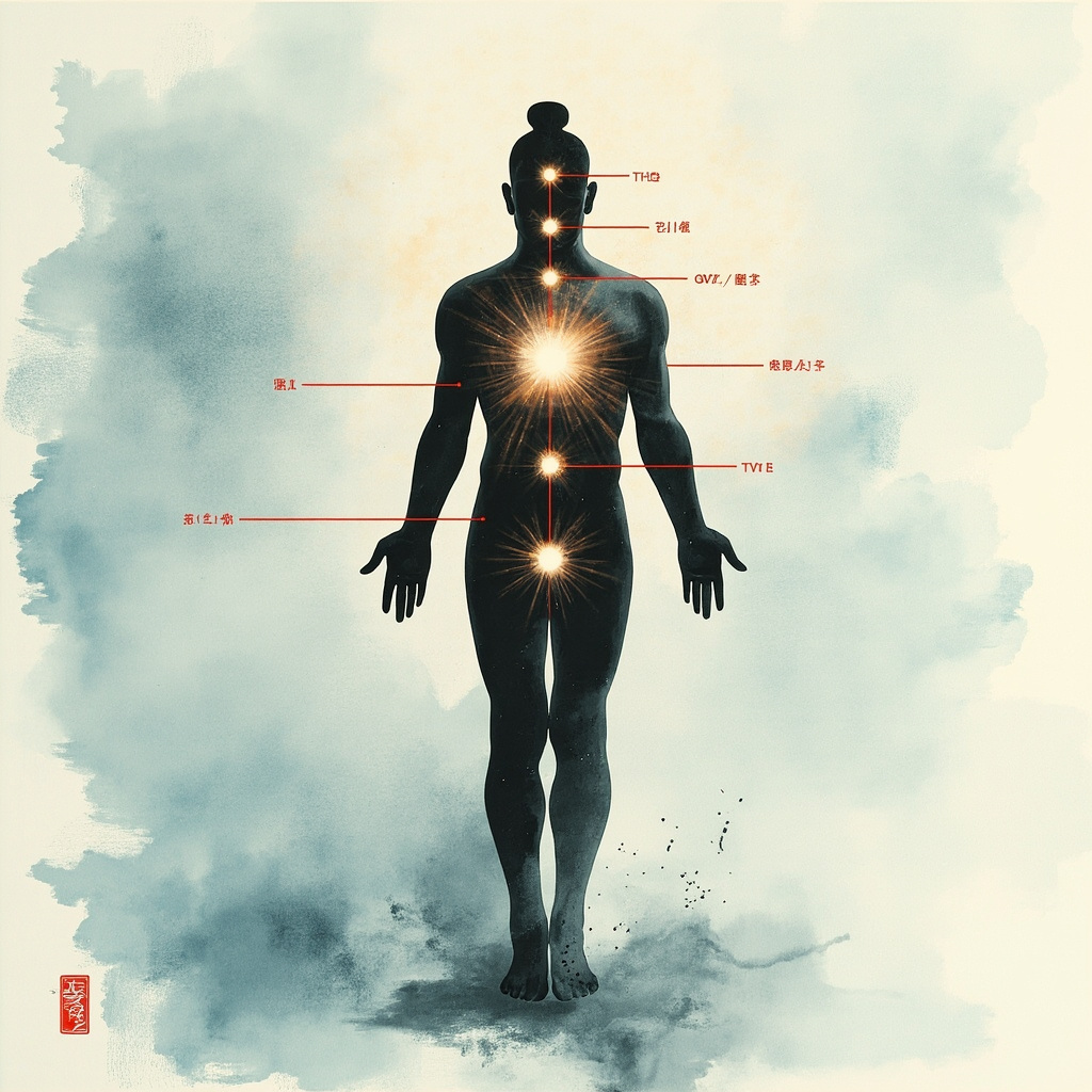 Serene illustration of a human silhouette with glowing acupuncture points TH1 on fingertip, KI9 on calf, Hy5 near jaw, GV27 on upper lip, TV11 on shoulder, connected by red meridians to a calm radiant heart center, in traditional Chinese brush ink style with soft blue background symbolizing energy flow and peace.
