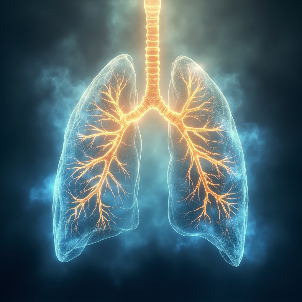 Serene anatomical illustration of human lung lobes (three on right, two on left) with glowing golden qi energy meridians flowing through them, soft blue breath waves, calming background evoking harmony and emotional release
