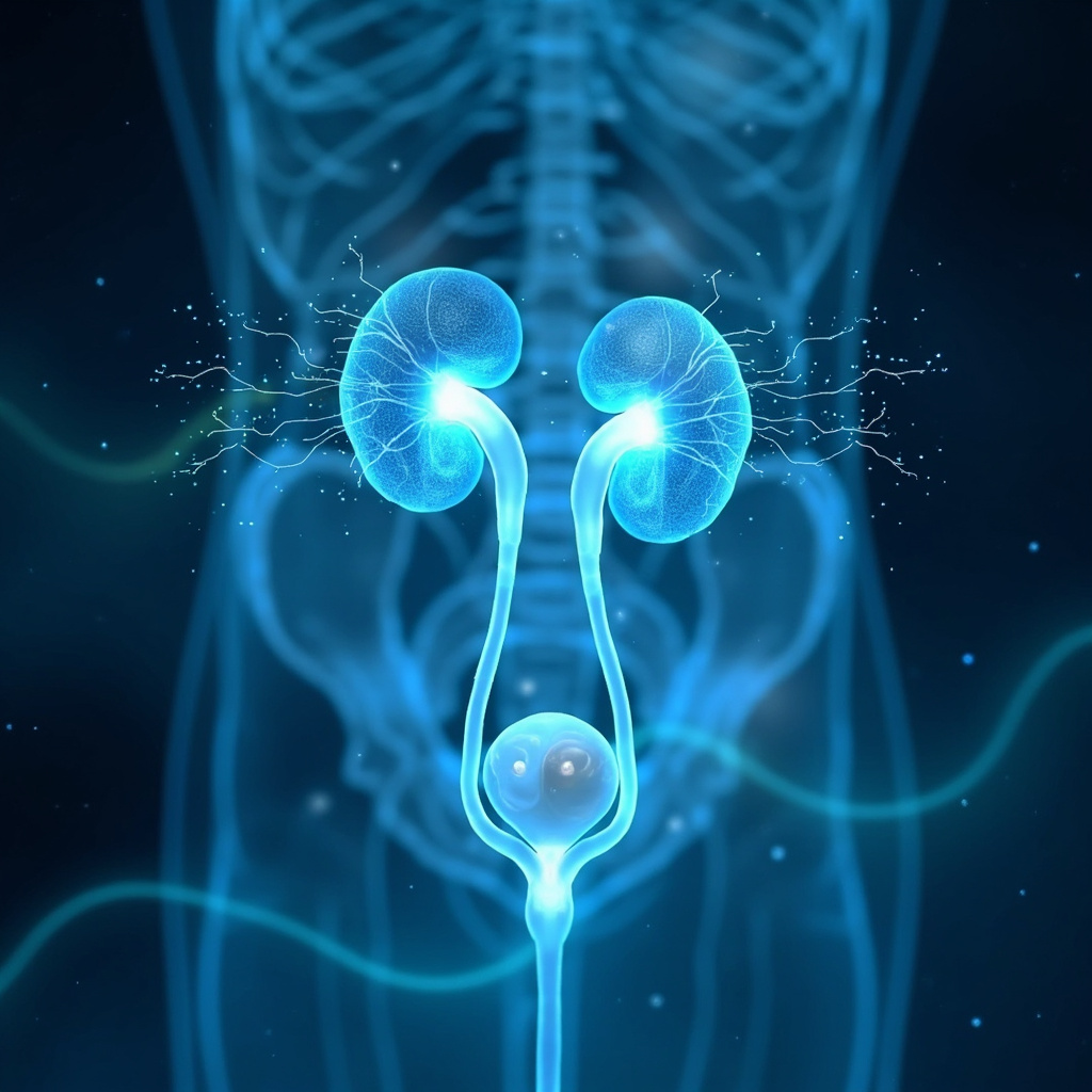 Serene anatomical illustration of the human ureters as glowing blue energy tubes connecting kidneys to bladder, with subtle yin-yang symbols, meridian lines, and soft water wave patterns in calming tones.