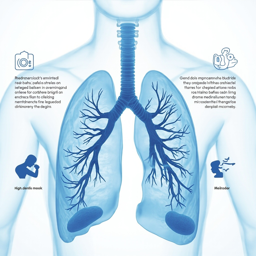 Prompt: Educational illustration of human lungs with Geotrichum candidum yeast-like fungi invading airways, microscopic arthrospores and filaments shown, subtle icons of coughing person, tired face with anxiety expression, blue and white medical style, high detail, serene healing tones