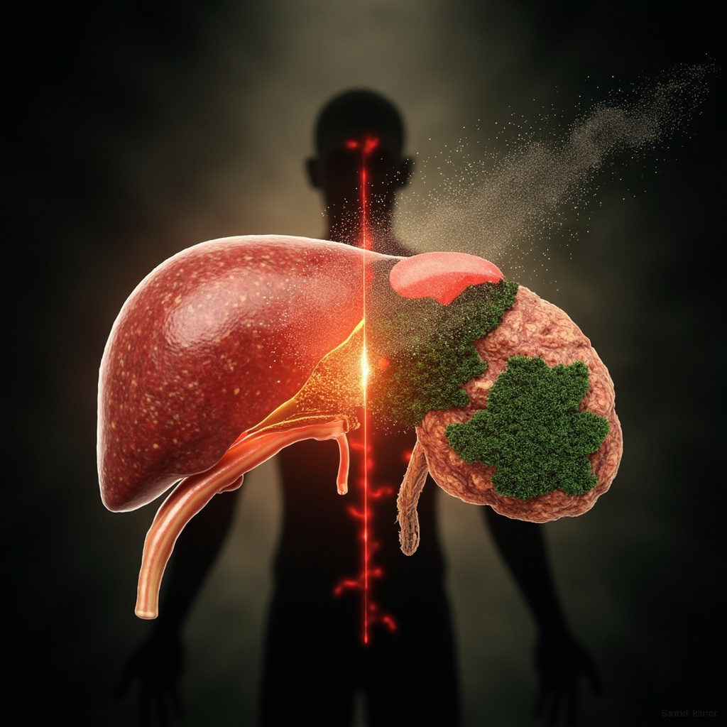 Realistic medical illustration: healthy glowing liver next to damaged one invaded by green Aspergillus mold spores releasing aflatoxin toxins; anxious silhouette in background with disrupted red qi meridians flowing to liver; educational style, high detail.