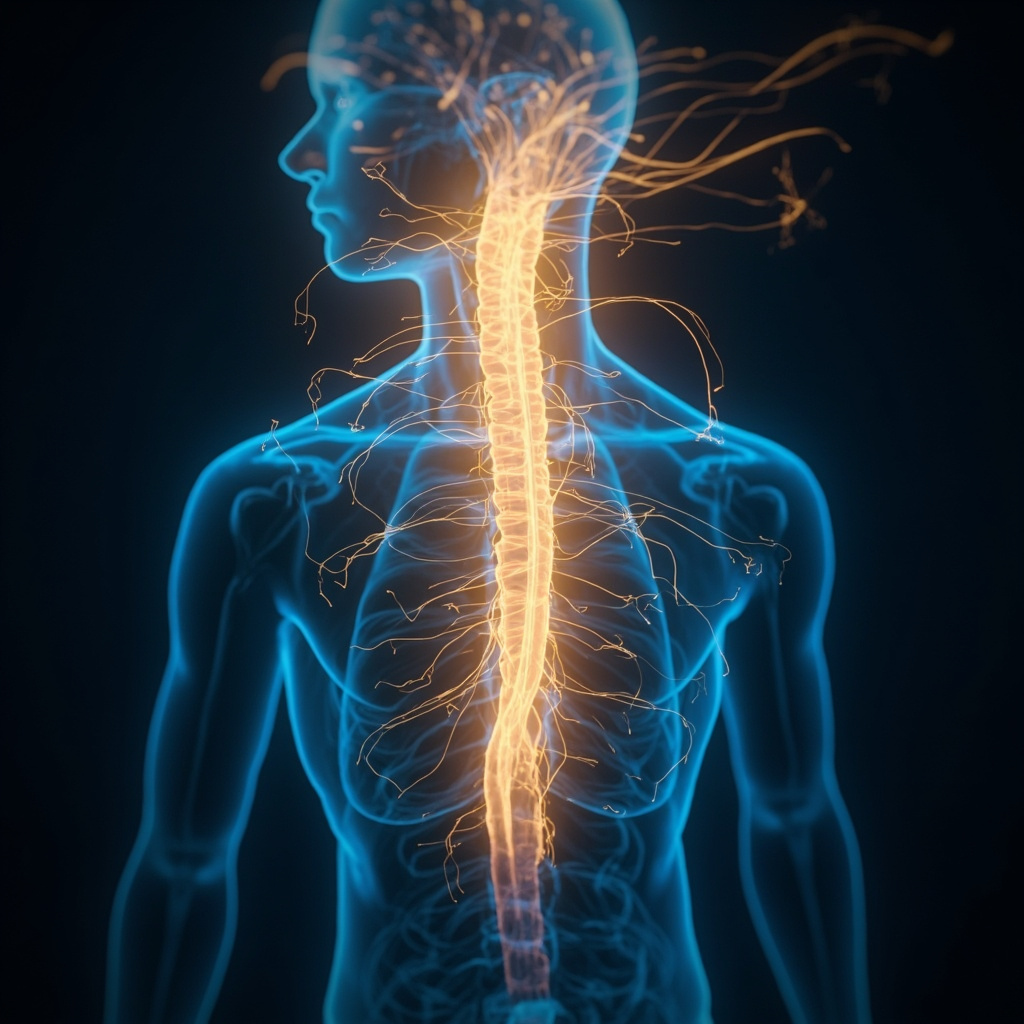 Serene illustration of glowing spinal cord with vasomotor nerves branching to relaxed blood vessels, energy meridians flowing smoothly in TCM style, soft blues and golds, calming atmosphere.