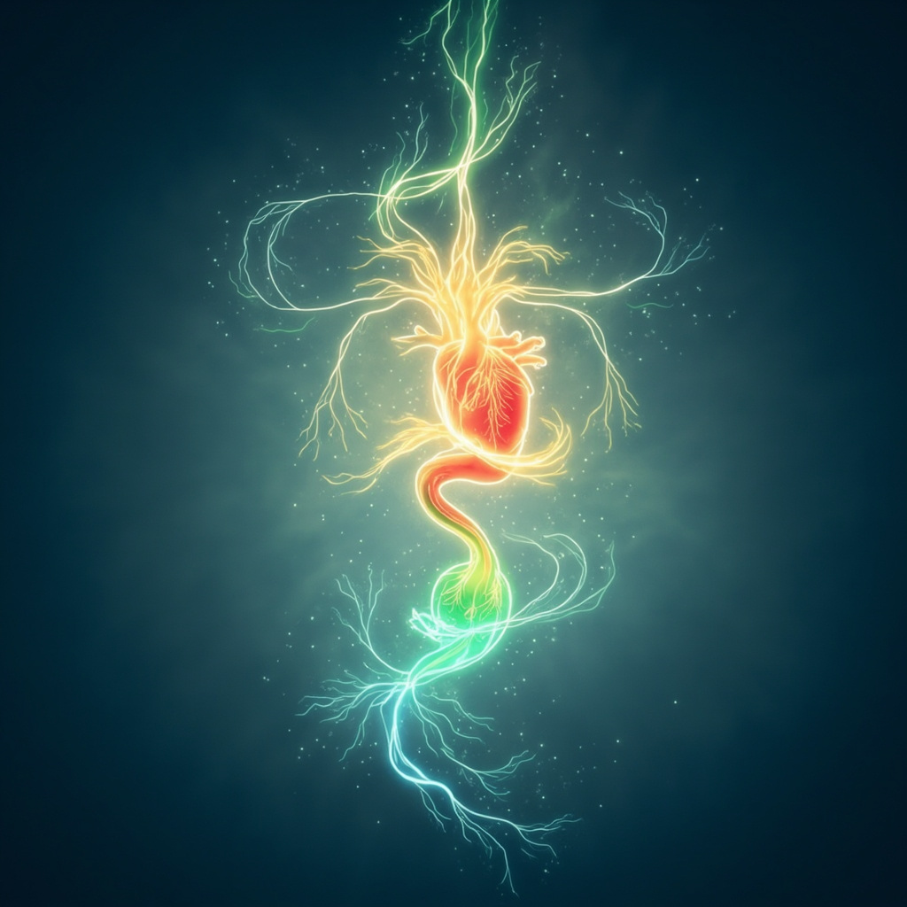 Serene TCM illustration: glowing heart, pancreas, liver connected by flowing qi meridians in yin-yang balance, soft red, yellow, green tones on blue background.