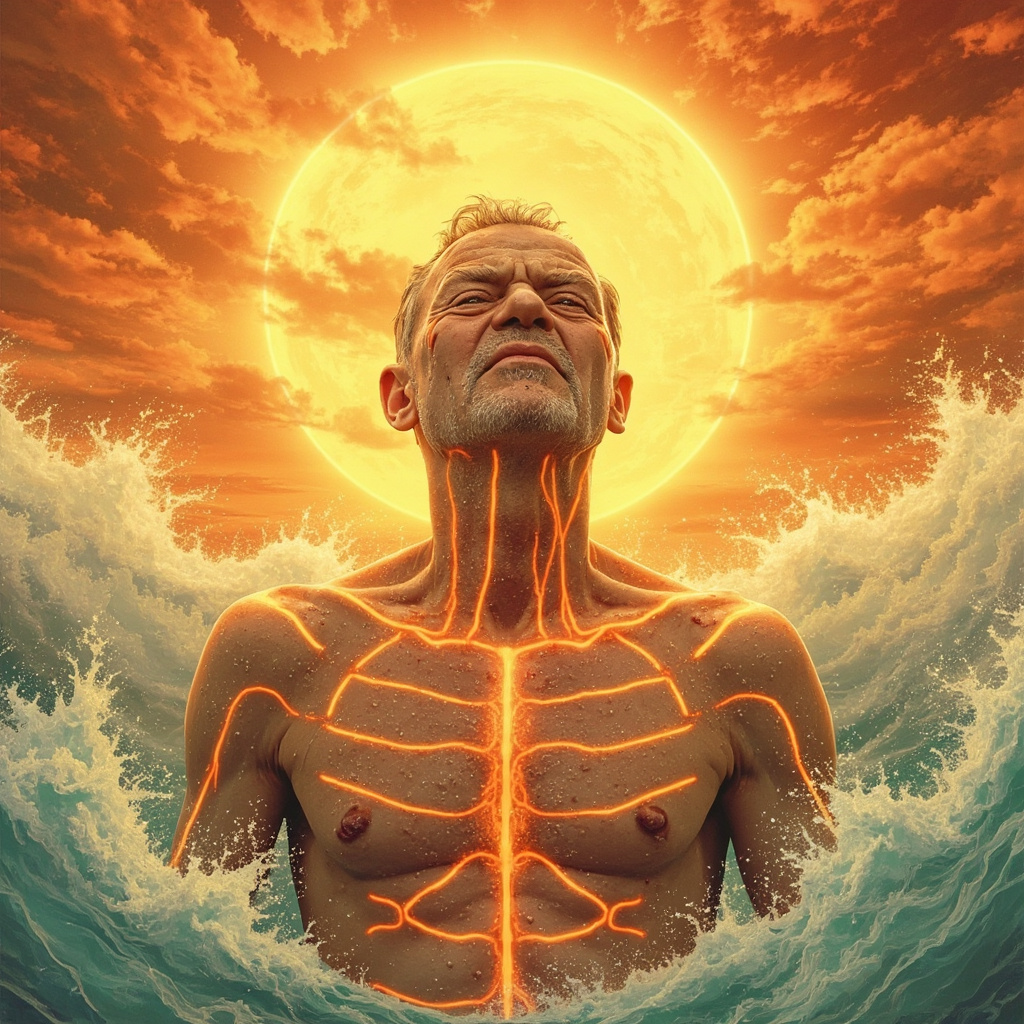 illustration of a middle-aged person sweating profusely under hot summer sun, looking thirsty and fatigued, with glowing TCM meridian lines on throat, feet, face, chest, and abdomen, serene recovery background with cooling waves