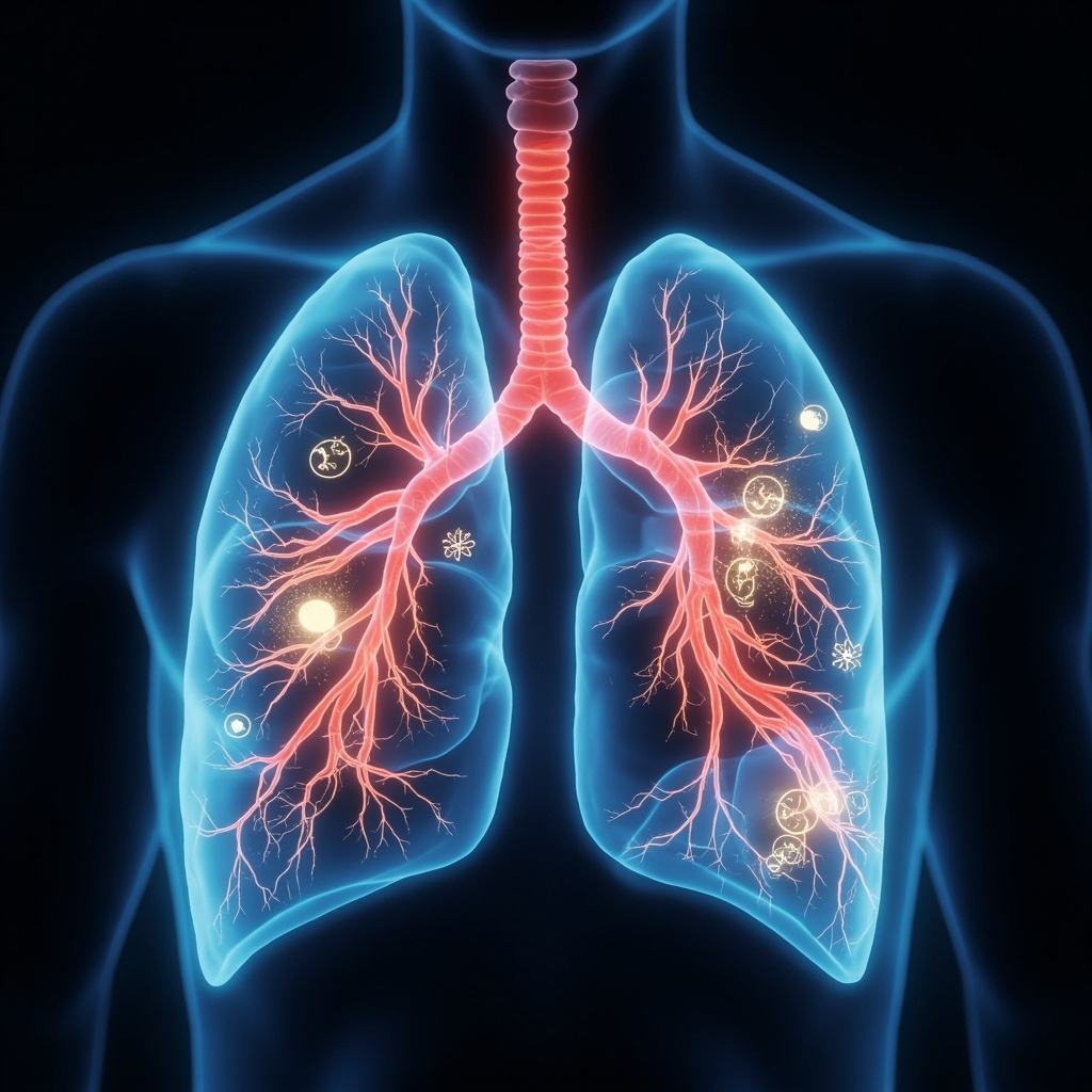 Serene illustration of glowing lungs and flowing bloodstream intertwined with golden qi meridians, soft blue tones for lungs, red for blood, harmonious TCM symbols like yin-yang and five elements.