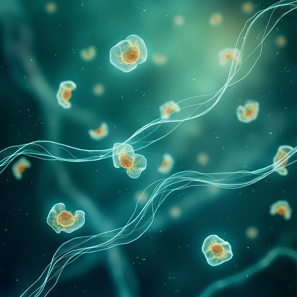 Subtle illustration of bloodstream with yeast cells near kidney, liver, spleen icons, overlaid with calm energy waves and soft TCM meridian lines, in serene blue-green tones evoking balance and healing.