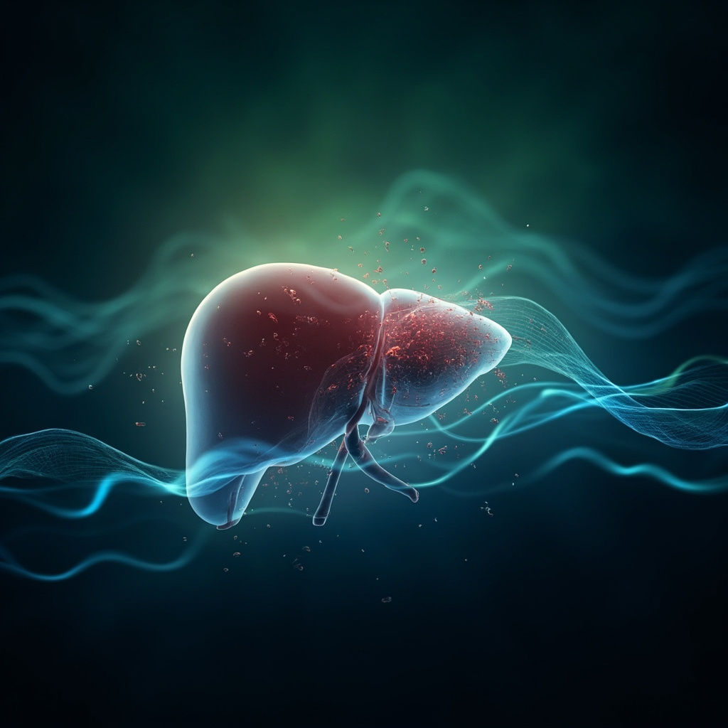 Educational illustration of a human liver with subtle parasitic threads fading under glowing harmonious frequency waves in calming green and blue tones, soft lighting, no gore, health blog style