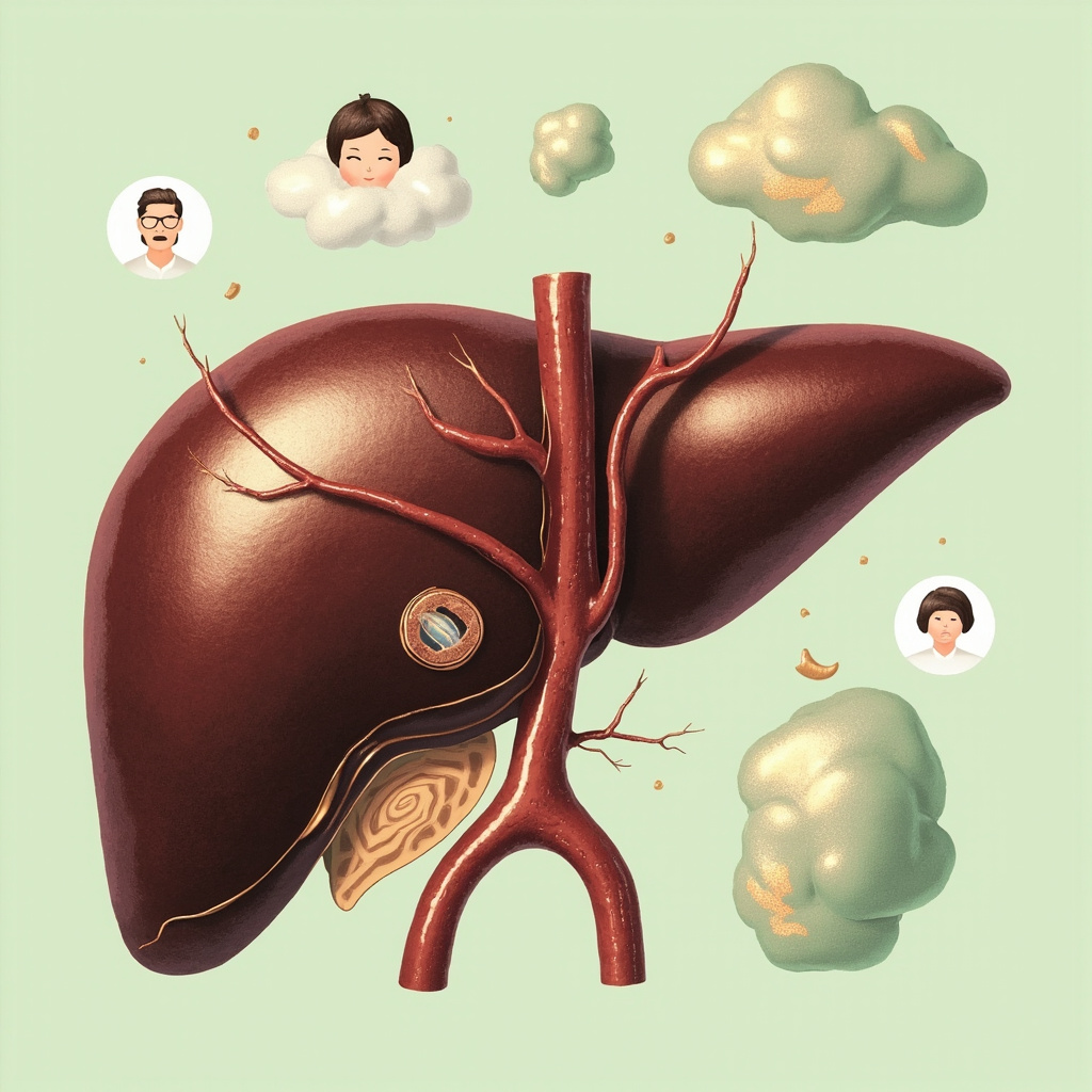 Prompt: Realistic illustration of a human liver with a subtle liver fluke parasite inside bile duct, surrounded by icons of fatigue (tired face), anxiety (worry cloud), abdominal pain (hand on belly), in soft TCM-inspired colors like green and gold, educational style for health article.