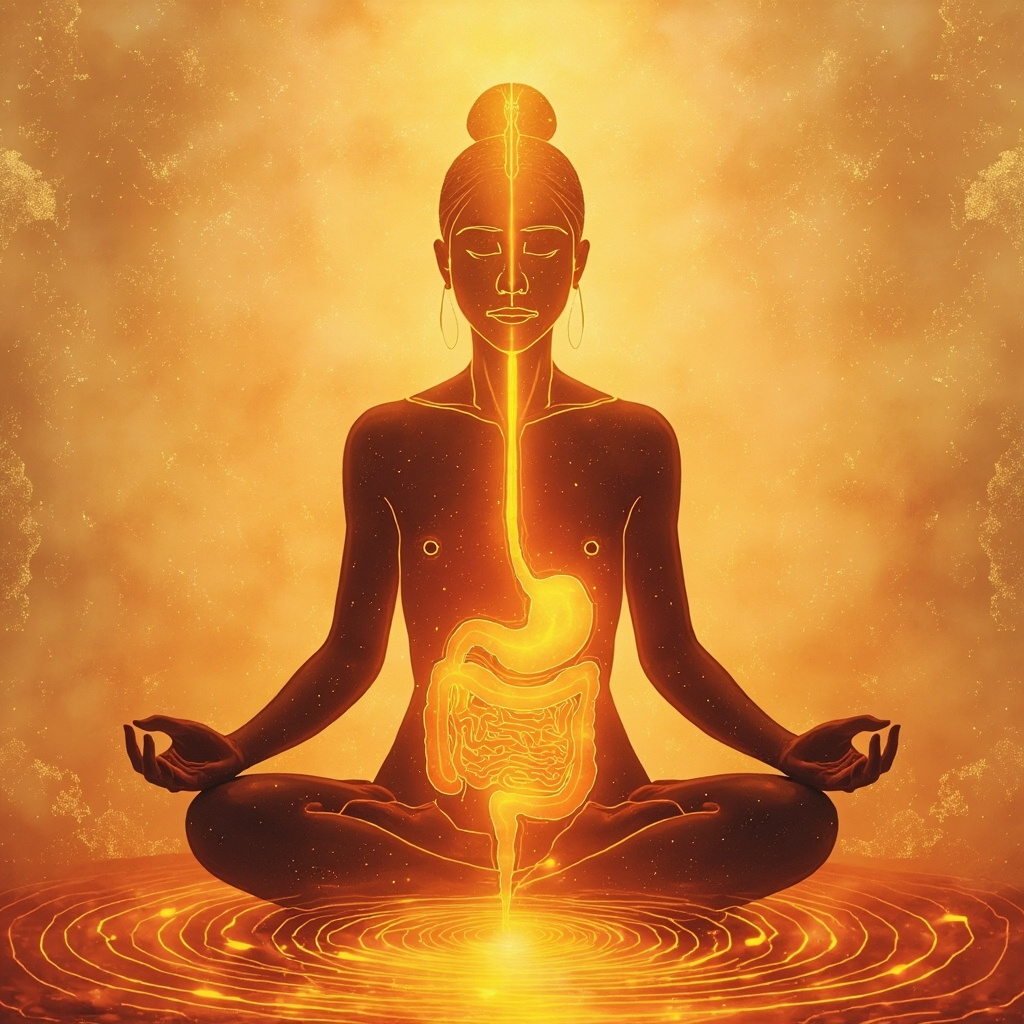 Serene illustration of a glowing stomach meridian in TCM style, with soft frequencies balancing acid flow, a calm person meditating nearby, warm earth tones for digestion healing.