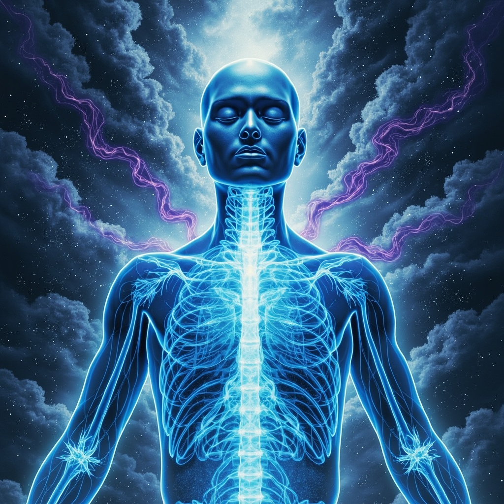 Serene TCM illustration: glowing lung meridians in blue frequencies, person breathing deeply, fading flu symptoms like cough clouds and anxiety swirls into harmony.
