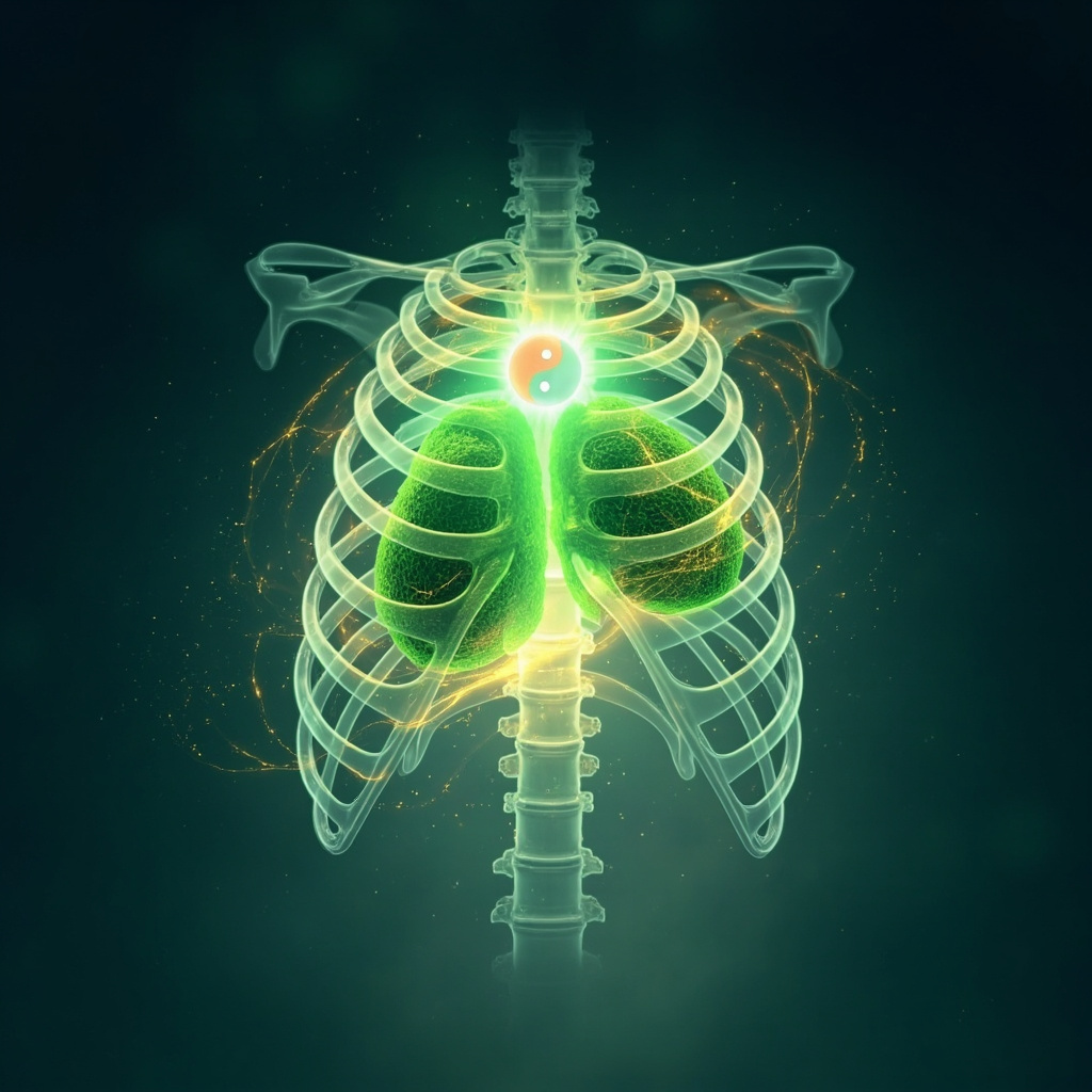 Serene illustration of a glowing green gallbladder organ under a human ribcage, intertwined with golden meridian lines and yin-yang symbol, soft ethereal light, calming blues and greens, high resolution.