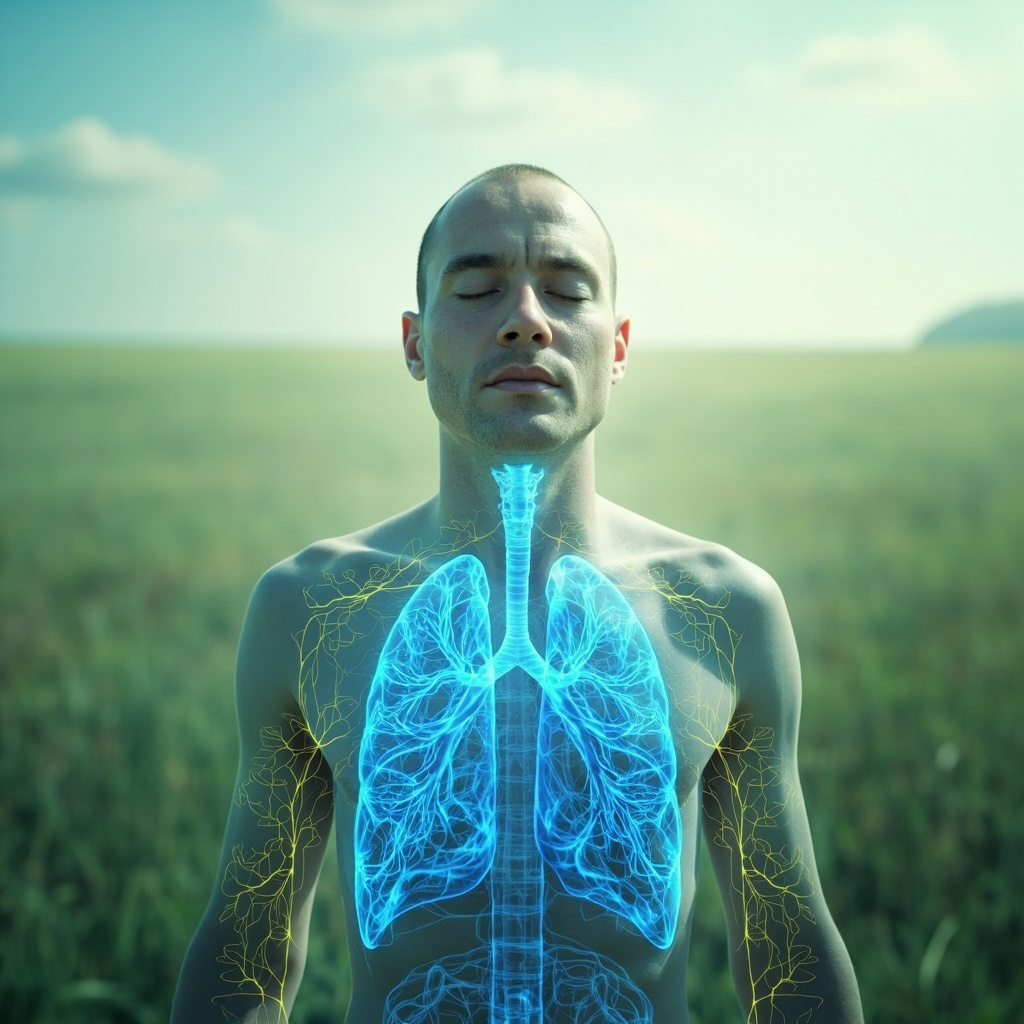 Serene person deep breathing in vast open field, glowing blue energy waves flowing through lungs and branching bronchi, subtle TCM meridians in gold lines, harmonious and calming illustration.