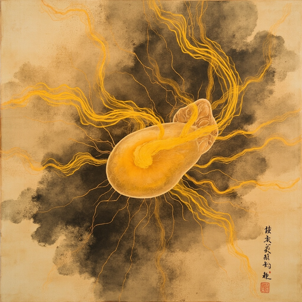 Serene illustration of the human pancreas in the abdomen, highlighted with glowing yellow earth-element qi meridians flowing harmoniously, in traditional Chinese medicine ink style, soft warm tones.