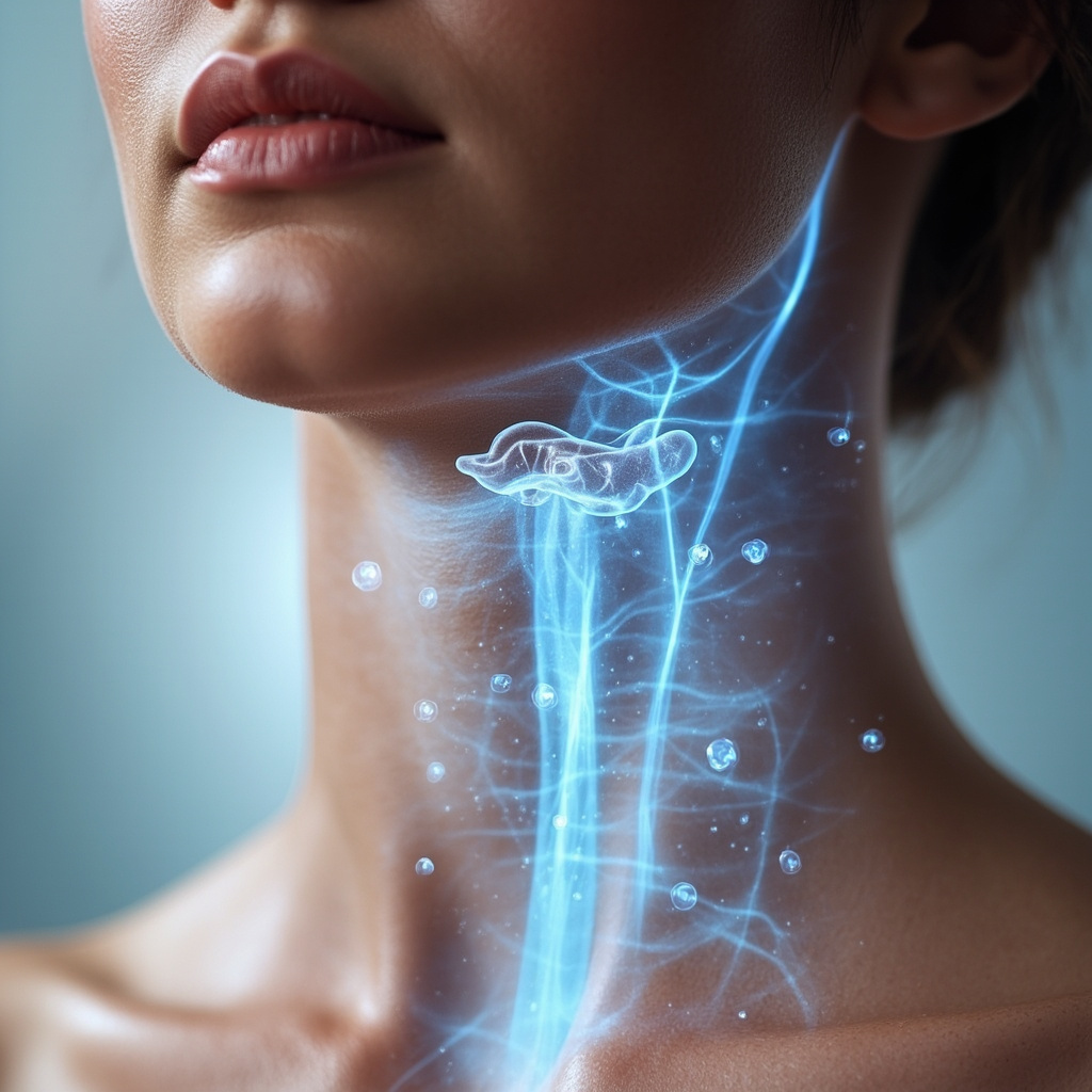 Serene anatomical illustration of parathyroid glands behind thyroid in neck, glowing with balanced blue energy waves, calcium molecules flowing harmoniously to muscles and brain, soft TCM meridian lines, calm confident face in background.