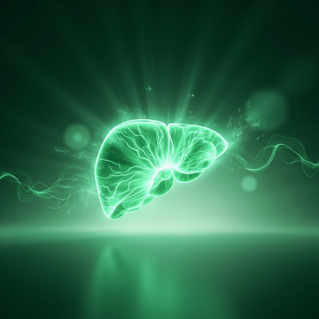 Serene TCM illustration of glowing green liver organ with flowing qi meridians harmonizing subtle cercariae parasites into balanced energy waves, soft healing light, minimalist style