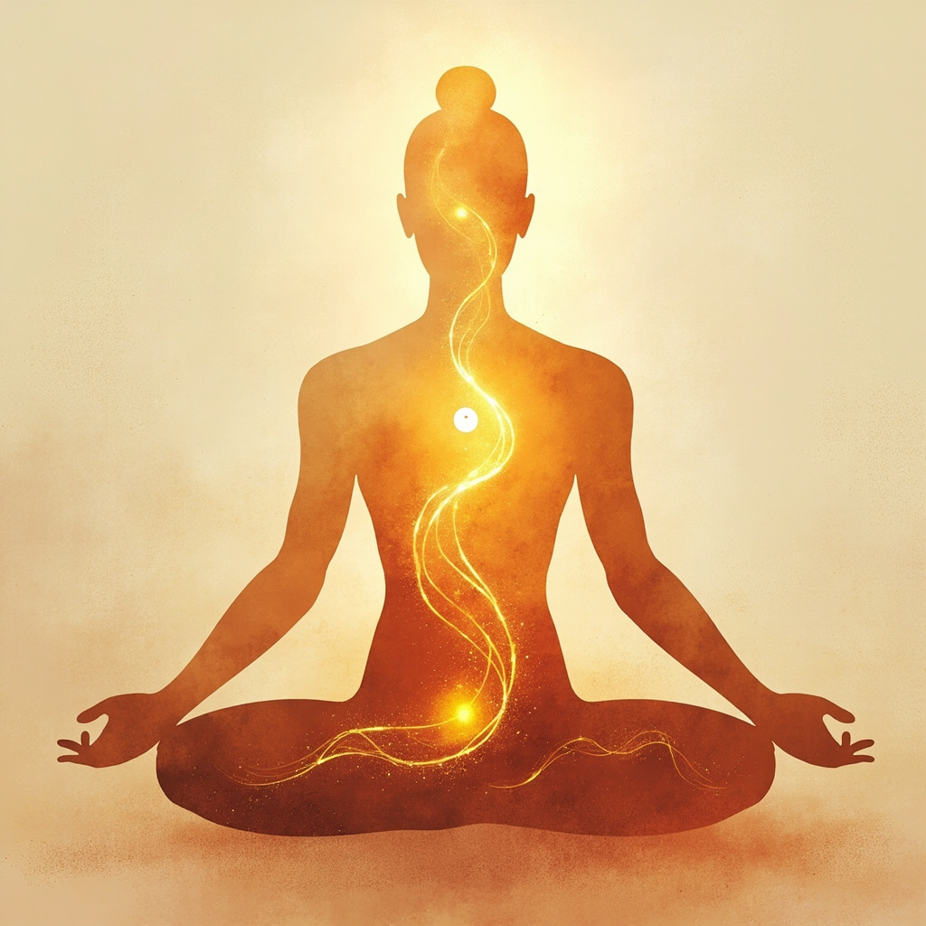 Serene zen illustration of golden chromium energy flowing through TCM spleen meridian, harmonizing blood sugar and qi in a human silhouette with yin-yang symbol, soft earth tones.