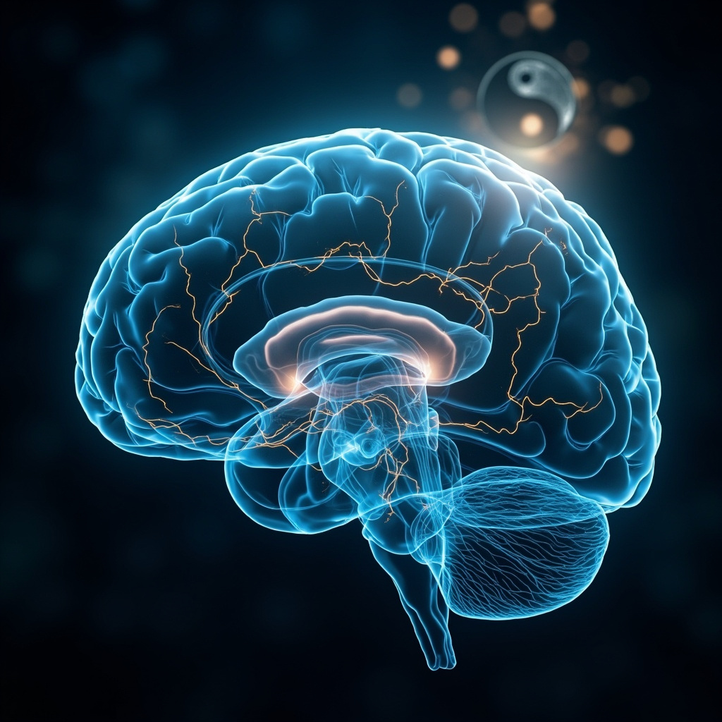 Serene anatomical illustration of the human hindbrain (medulla, pons, cerebellum) highlighted in glowing blue, with subtle TCM meridians flowing through it, yin-yang symbol in background, evoking balance, survival instincts, and energy harmony.