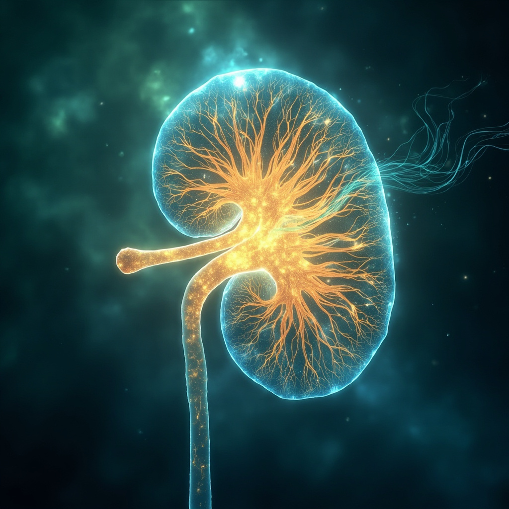 Artistic illustration of a human kidney with highlighted glomerulus as a glowing capillary network filtering golden qi energy, intertwined with blue TCM kidney meridians and yin-yang symbol, serene wellness theme in soft blues and greens