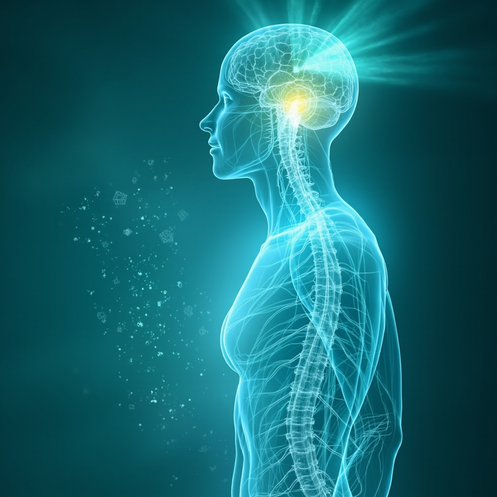Serene illustration of a human silhouette with glowing meridians and brainstem highlighted, blood vessels pulsing calmly, symbols of fear dissolving into peace, TCM yin-yang balance, soft blue and green tones.
