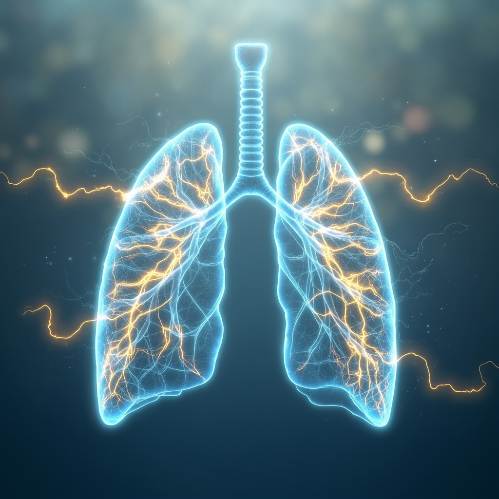 Serene anatomical illustration of human lungs highlighting the bronchi as glowing blue airways, overlaid with golden TCM lung meridian lines and subtle qi energy flows, soft ethereal background