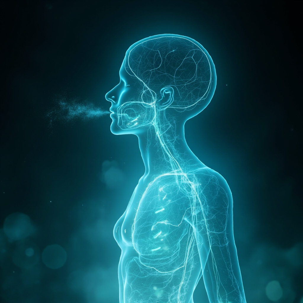 Serene illustration of glowing meridians around a human silhouette, highlighting lung, mouth, and gut areas with subtle bacterial forms in harmonious blue-green tones, evoking balance and healing energy.