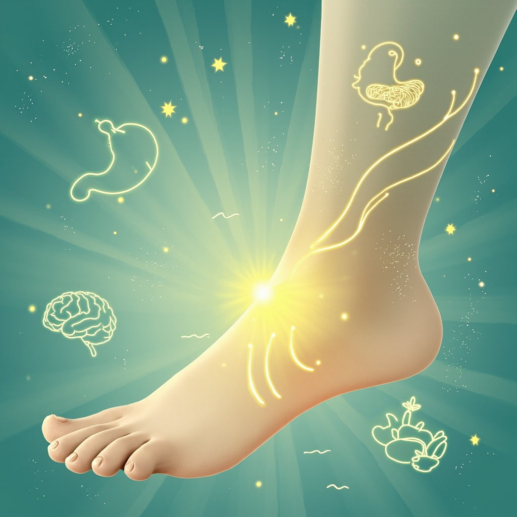 Serene illustration of inner ankle highlighting SP5 Shangqiu point with golden energy meridians flowing upward to stomach and spleen icons, surrounded by symbols of calm mind (peaceful brain), healthy digestion (flat belly, fresh food), vibrant energy (sun rays), soft blue-green tones for healing.