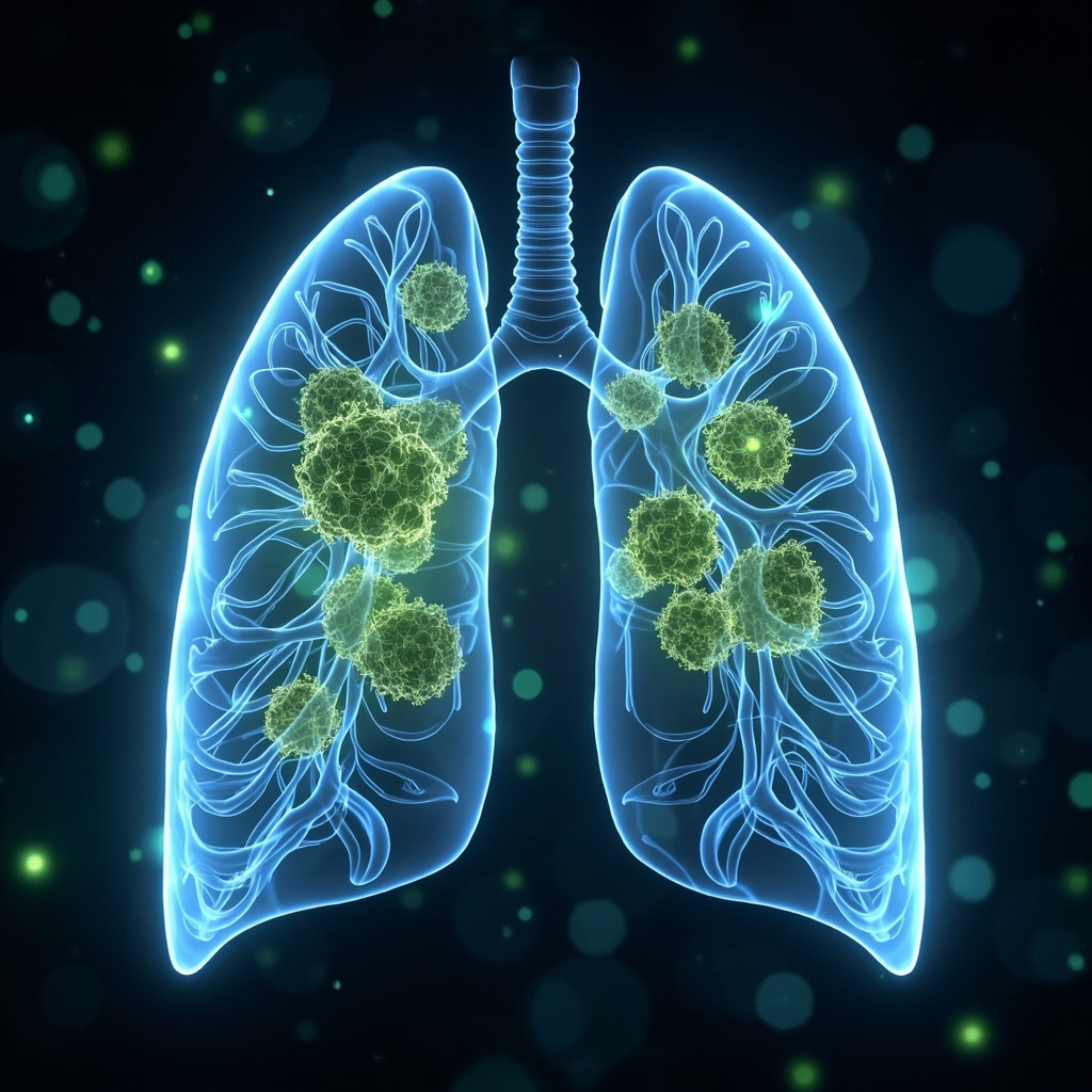 Illustration of human lungs with green Aspergillus fumigatus mold spores invading airways, surrounded by waves of calming blue energy frequencies balancing the inflammation, in a realistic medical art style, soft lighting.