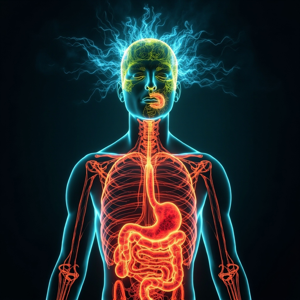 Illustration of a glowing human stomach with H. pylori bacteria causing red inflammation, connected to brain waves showing anxiety, then balanced with green energy flows and serene face, TCM meridians visible, soft healing light.