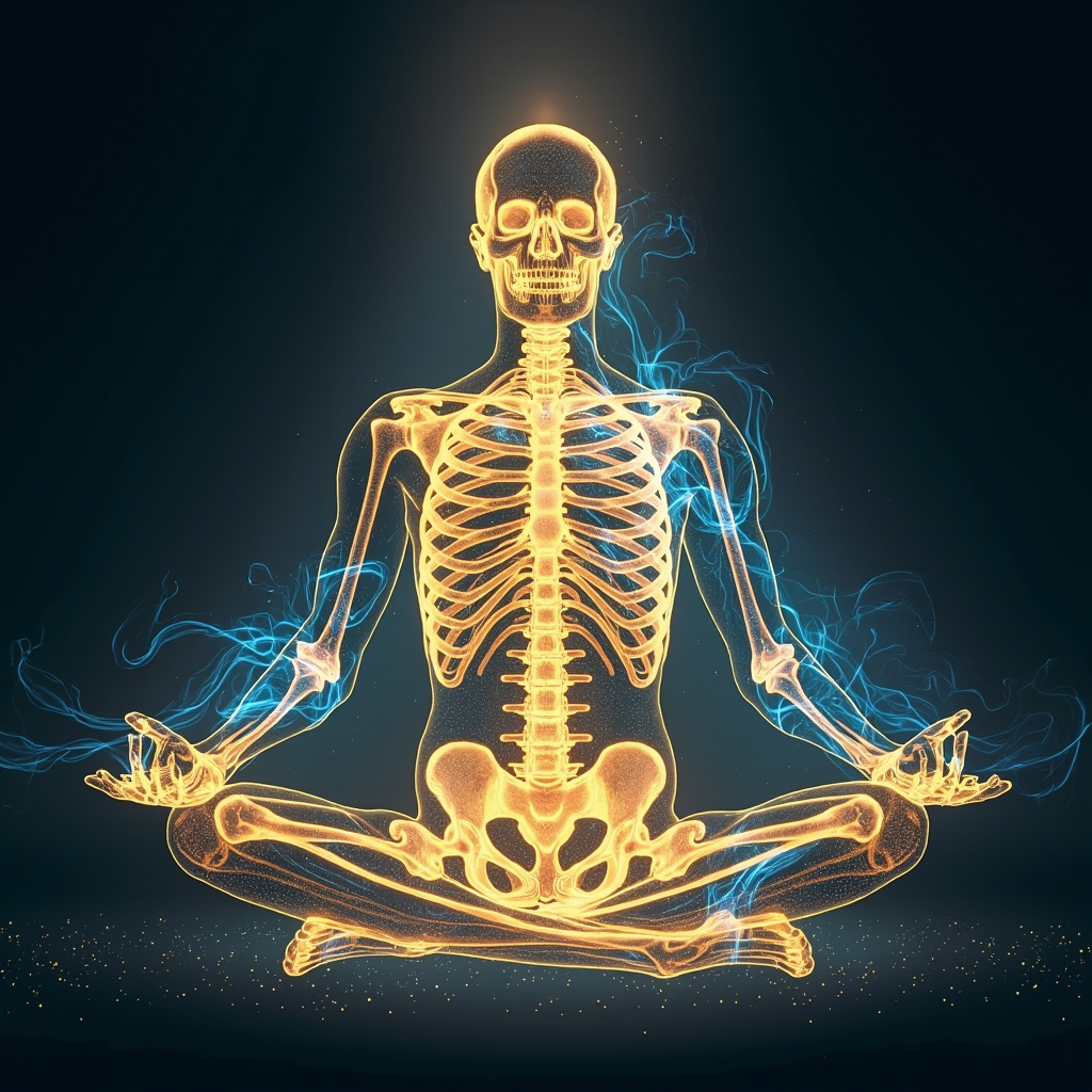 Illustration of human bones glowing with golden calcium particles, integrated with flowing TCM meridians in blue energy waves, a calm person in lotus pose feeling strength and peace, soft lighting.