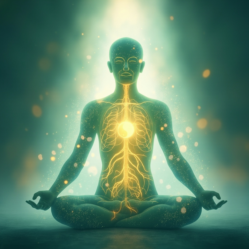 Serene illustration of a human silhouette with glowing protective energy shield around the body, integrating TCM meridians, yin-yang symbol, and immune cells like white blood cells flowing through lungs and spleen, in soft blue, gold, and green tones, meditative atmosphere.