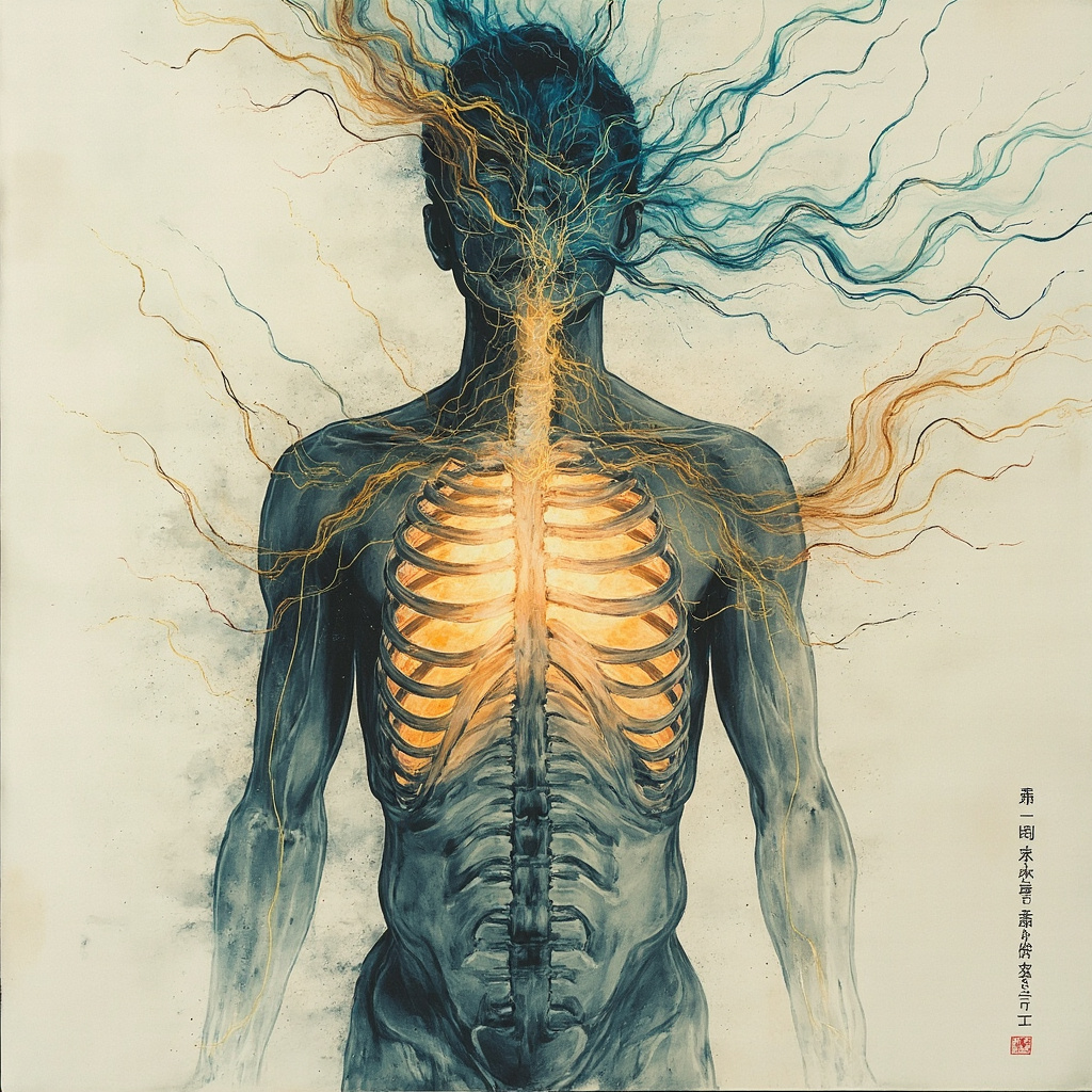 Serene ink-style illustration of a human torso showing ribcage and glowing intercostal muscles expanding during deep breath, with subtle qi energy waves in blue and gold, evoking TCM harmony and freedom.