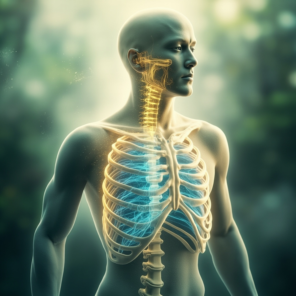 Serene illustration of human ribcage with intercostal muscles highlighted in soft blue, expanding during deep breath, overlaid with glowing TCM meridian lines along lungs and chest, calm nature background with faint qi energy waves.